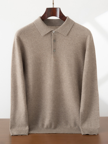 Мъжки кашмиров пуловер с поло яка, свободен силует, 30–35% кашмир, еднотонен