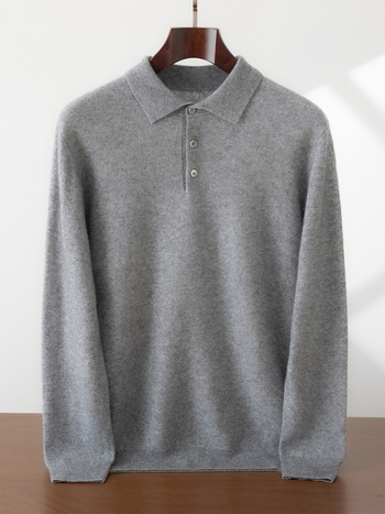 Мъжки кашмиров пуловер с поло яка, свободен силует, 30–35% кашмир, еднотонен