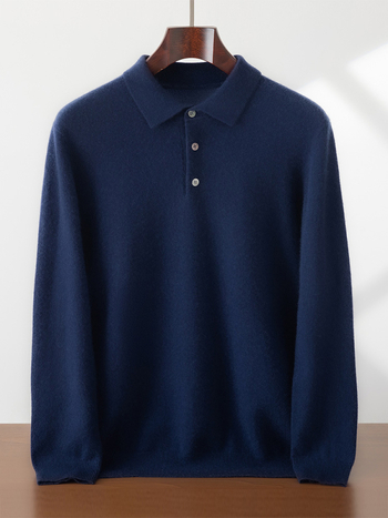 Мъжки кашмиров пуловер с поло яка, свободен силует, 30–35% кашмир, еднотонен