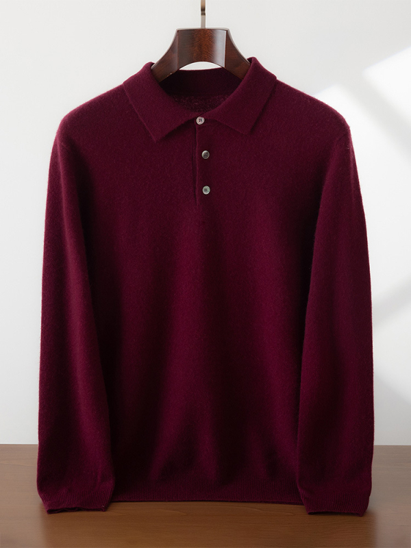 Мъжки кашмиров пуловер с поло яка, свободен силует, 30–35% кашмир, еднотонен