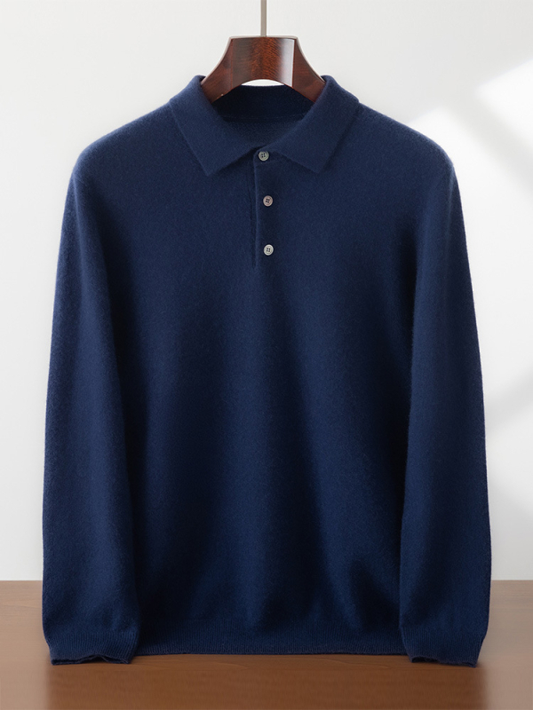 Мъжки кашмиров пуловер с поло яка, свободен силует, 30–35% кашмир, еднотонен