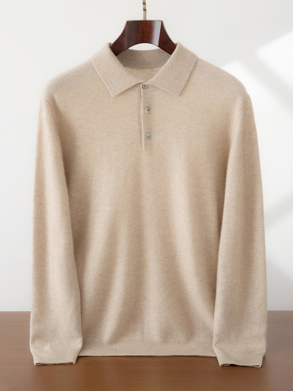 Мъжки кашмиров пуловер с поло яка, свободен силует, 30–35% кашмир, еднотонен