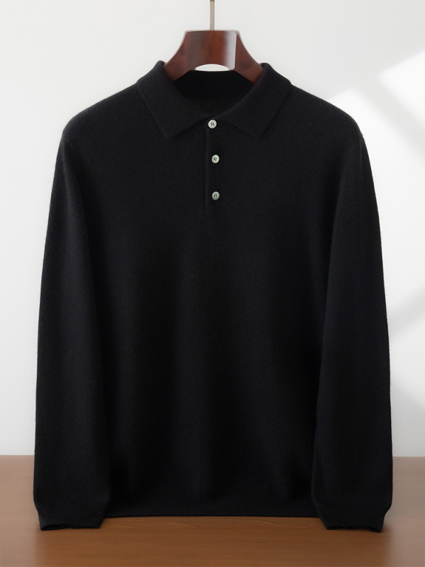 Мъжки кашмиров пуловер с поло яка, свободен силует, 30–35% кашмир, еднотонен