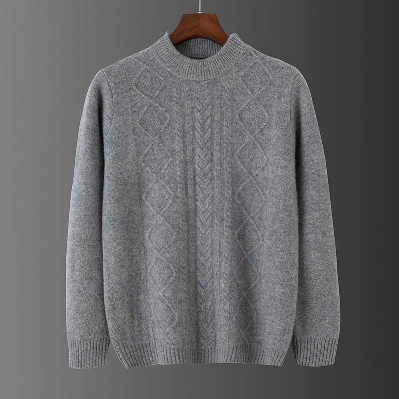 Muški pulover od 100% vune, jacquard pleteni, okrugli izrez, široki kroj, debeli