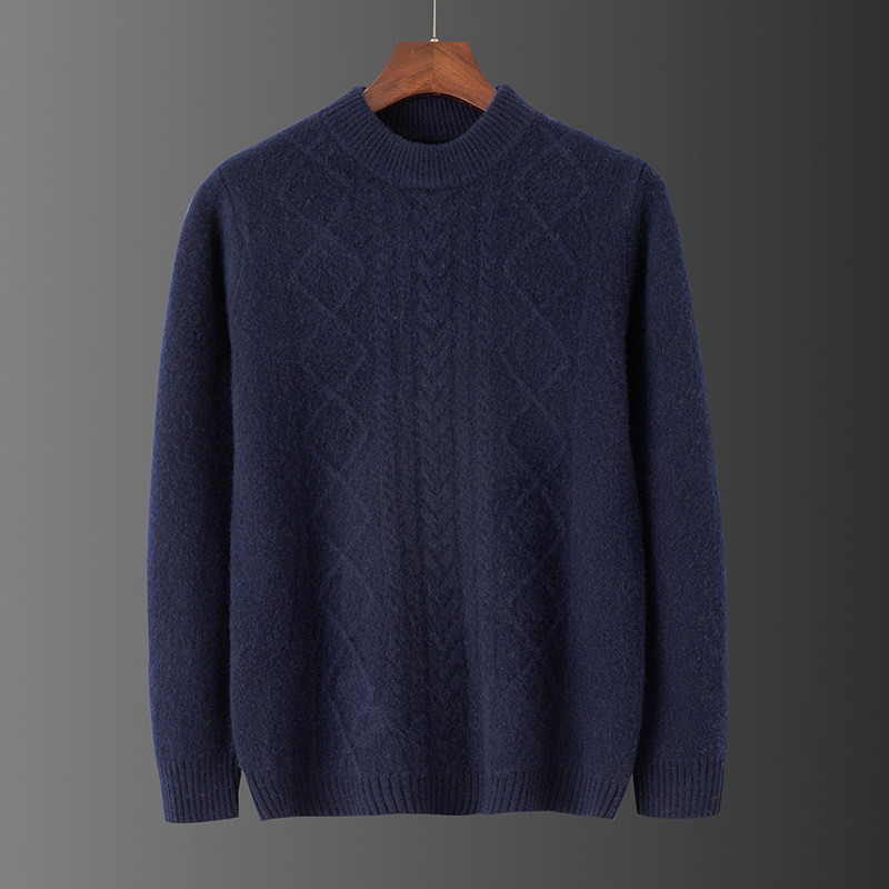 Muški pulover od 100% vune, jacquard pleteni, okrugli izrez, široki kroj, debeli
