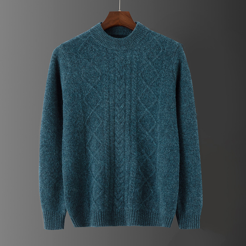 Muški pulover od 100% vune, jacquard pleteni, okrugli izrez, široki kroj, debeli