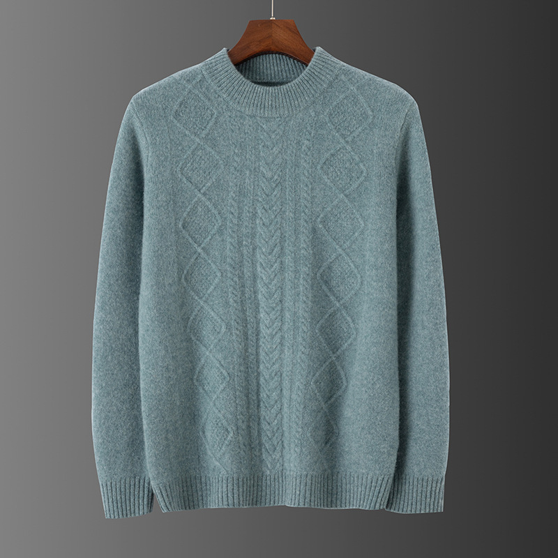 Muški pulover od 100% vune, jacquard pleteni, okrugli izrez, široki kroj, debeli