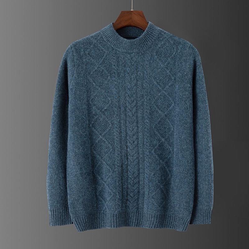 Muški pulover od 100% vune, jacquard pleteni, okrugli izrez, široki kroj, debeli