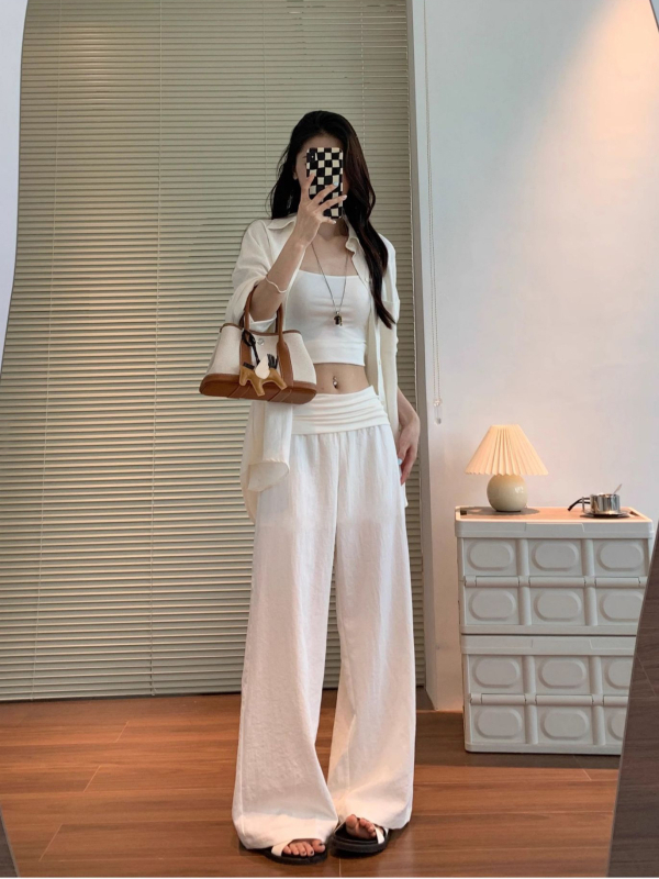 Trudničke hlače s širokim krojem, podrška za trbuh, pamuk-poliester smjesa, srednje gustoće tkanina, ljeto