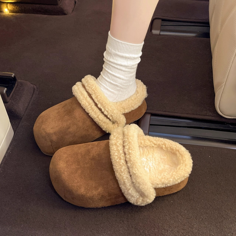 Ženske papuče s 5 cm debelom potplatom, unutarnje povećanje visine, podstavljene fleesom, slip-on, gornji dio od semiša