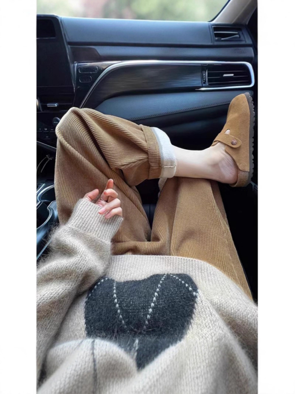 Trudničke hlače od Corduroy Knit široke krojenje (Jesen/Zima, niska rast, podrška trbuhu, slobodan kroj)