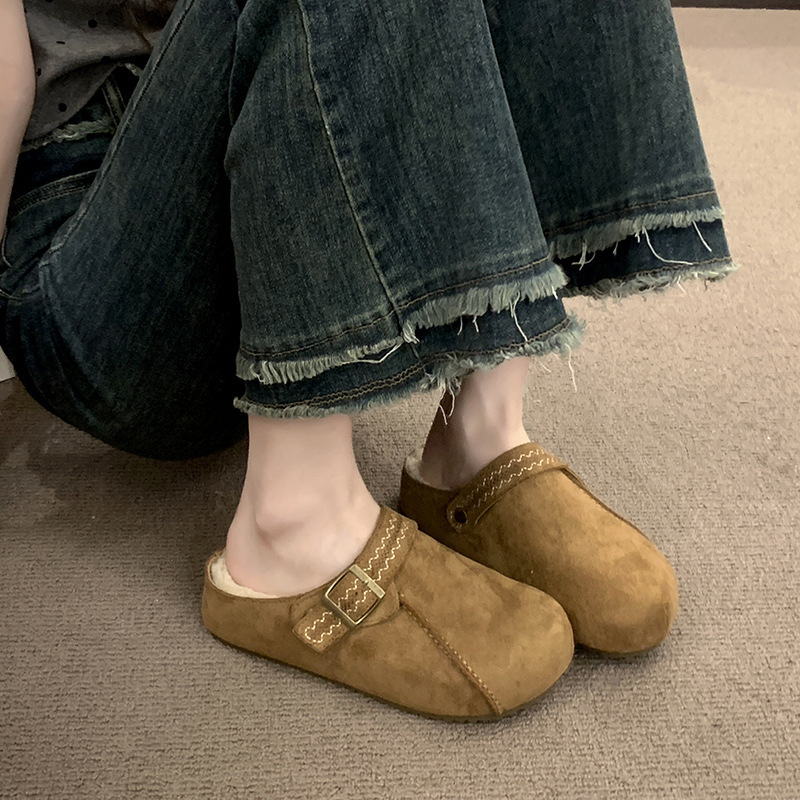 Női velúr mikrofonbőr slip-on papucs, kültéri viseletre, kerek orr, gumírozott talp, 2025 tél