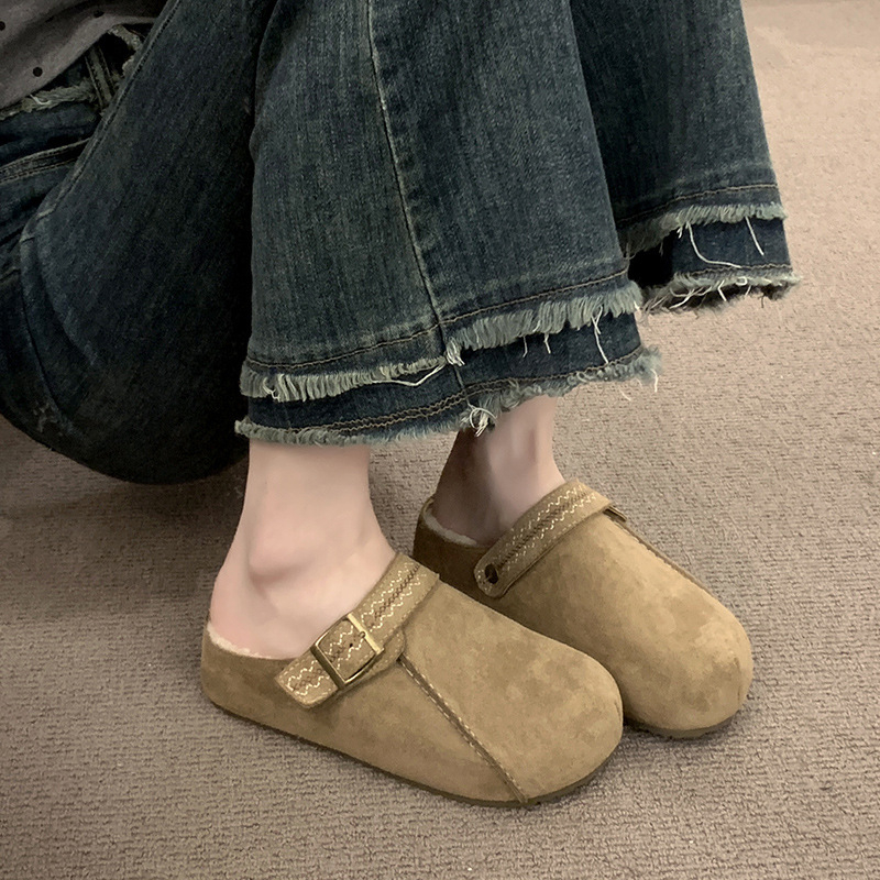 Női velúr mikrofonbőr slip-on papucs, kültéri viseletre, kerek orr, gumírozott talp, 2025 tél