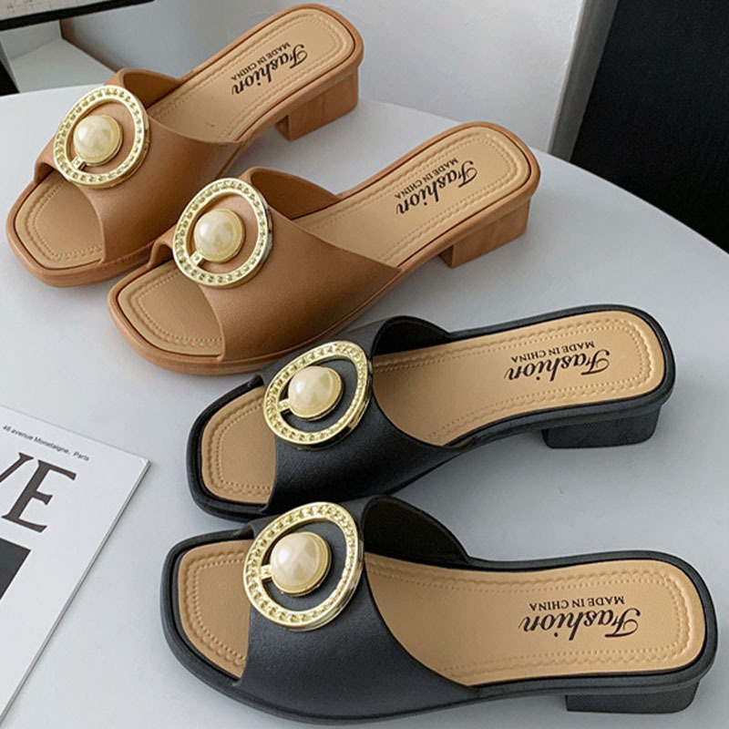 Platform sandale s perlama, okrugli vrh, jednostruki remen, debeli potplat, PVC gornji dio i potplat