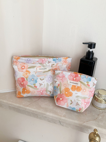 Flórás kozmetikai és toalett táska, pamut külső, vászon bélés, nagy kapacitású, utazáshoz ideális