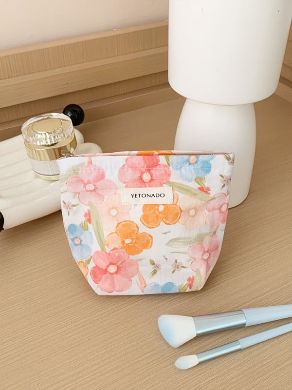 Flórás kozmetikai és toalett táska, pamut külső, vászon bélés, nagy kapacitású, utazáshoz ideális