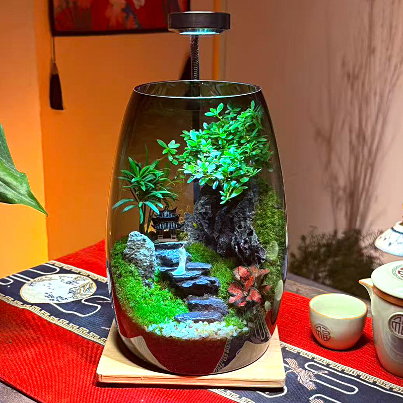 Мъхова микро ландшафтна екобутилка – творчески растителен декоративен елемент за офис и аквариум; стъкло боросиликатно висококачествено; форма: растение; стил: универсален