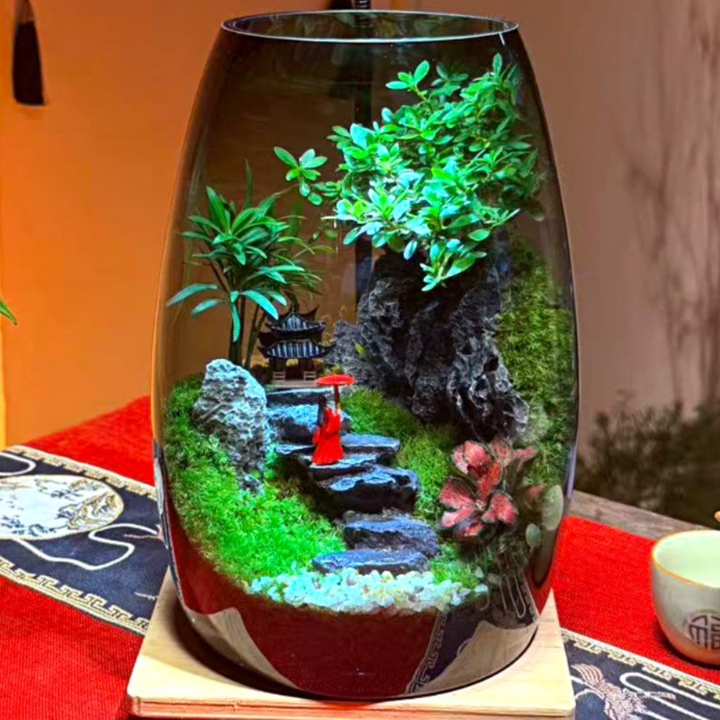 Мъхова микро ландшафтна екобутилка – творчески растителен декоративен елемент за офис и аквариум; стъкло боросиликатно висококачествено; форма: растение; стил: универсален