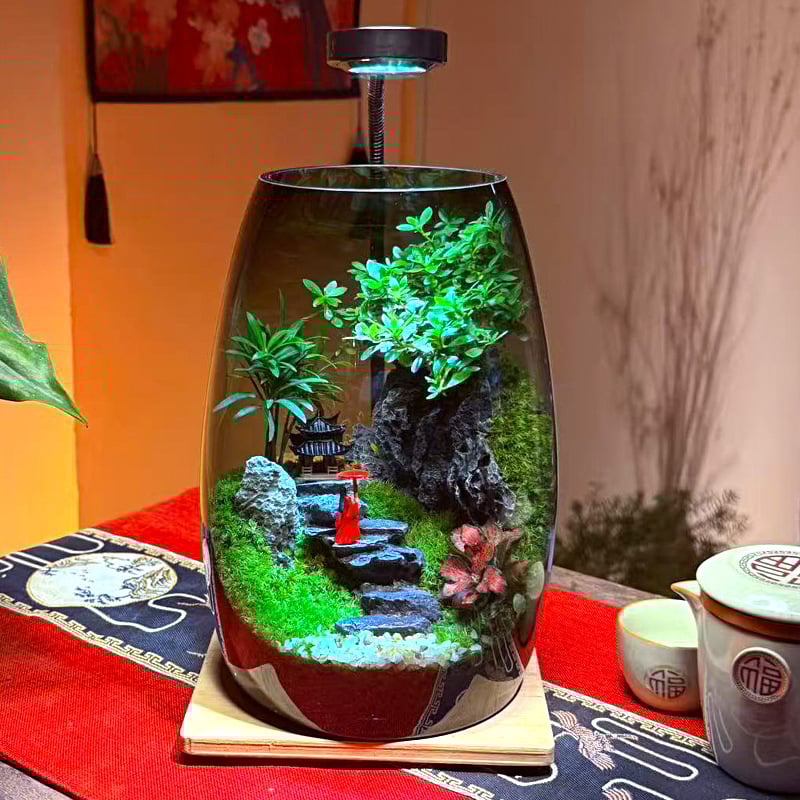 Мъхова микро ландшафтна екобутилка – творчески растителен декоративен елемент за офис и аквариум; стъкло боросиликатно висококачествено; форма: растение; стил: универсален