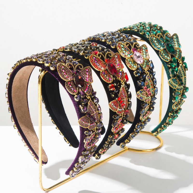 Gyémántdíszítéses pillangó motívummal ellátott fejpánt, anyaga szövet, palota-stílus, művészi vintage