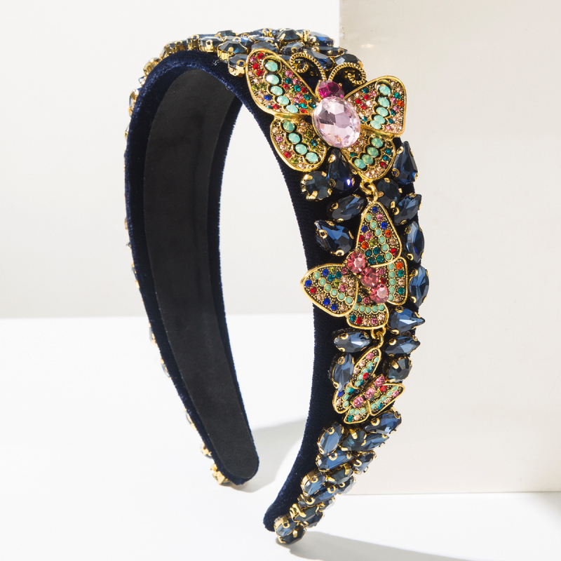 Gyémántdíszítéses pillangó motívummal ellátott fejpánt, anyaga szövet, palota-stílus, művészi vintage