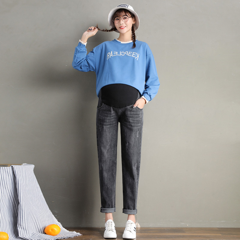 Trudničke traperice s potporom za trbuh, širok kroj, elastični denim, 80% pamuk