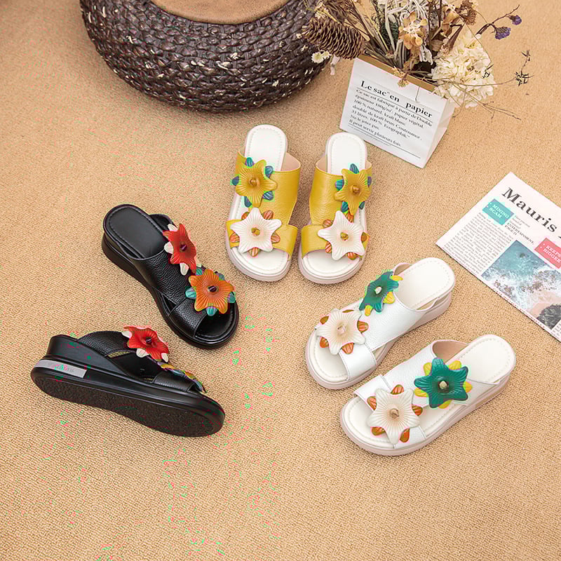 Női platformos szandál virágos díszítéssel, első réteg bőrből, etnikus stílus, csúszásmentes talp