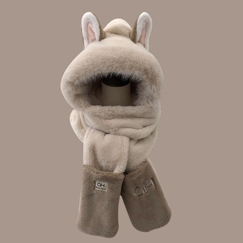 Σετ χειμωνιάτικου καπέλου-μάλλι-γαντιών με αυτιά αλεπούς από φλίς, κέντημα, βαμβάκι