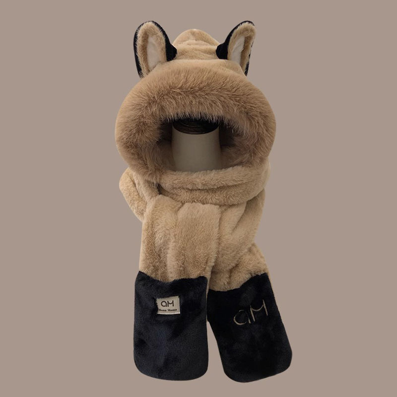 Σετ χειμωνιάτικου καπέλου-μάλλι-γαντιών με αυτιά αλεπούς από φλίς, κέντημα, βαμβάκι