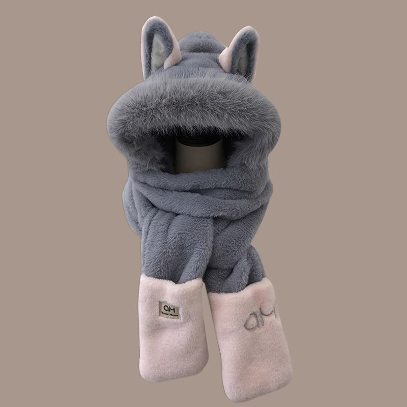 Σετ χειμωνιάτικου καπέλου-μάλλι-γαντιών με αυτιά αλεπούς από φλίς, κέντημα, βαμβάκι