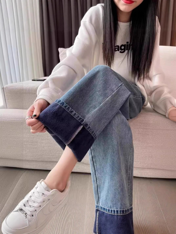 Kismama farmer Denim, széles szabású, hasi támasz, fleece bélés