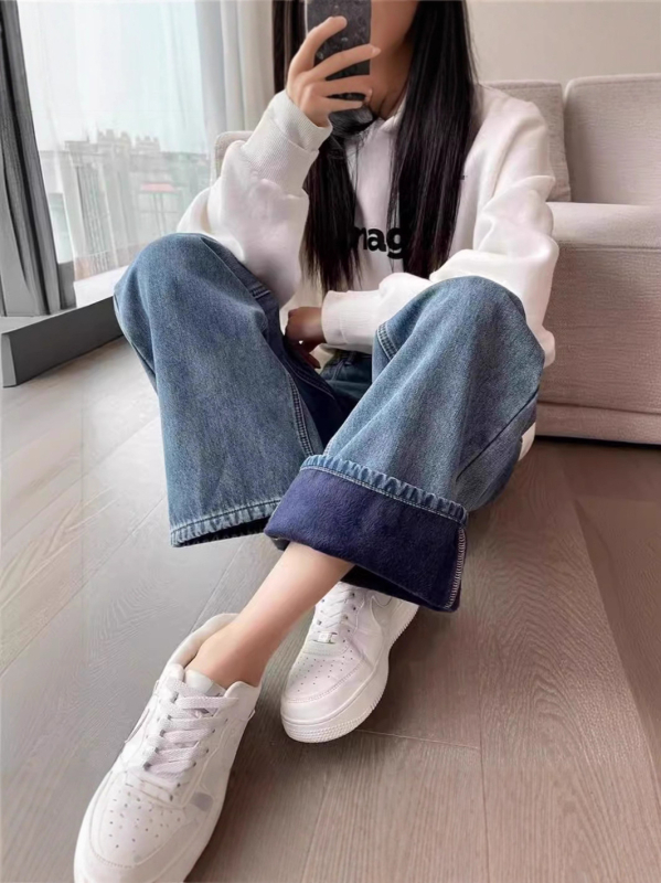 Kismama farmer Denim, széles szabású, hasi támasz, fleece bélés