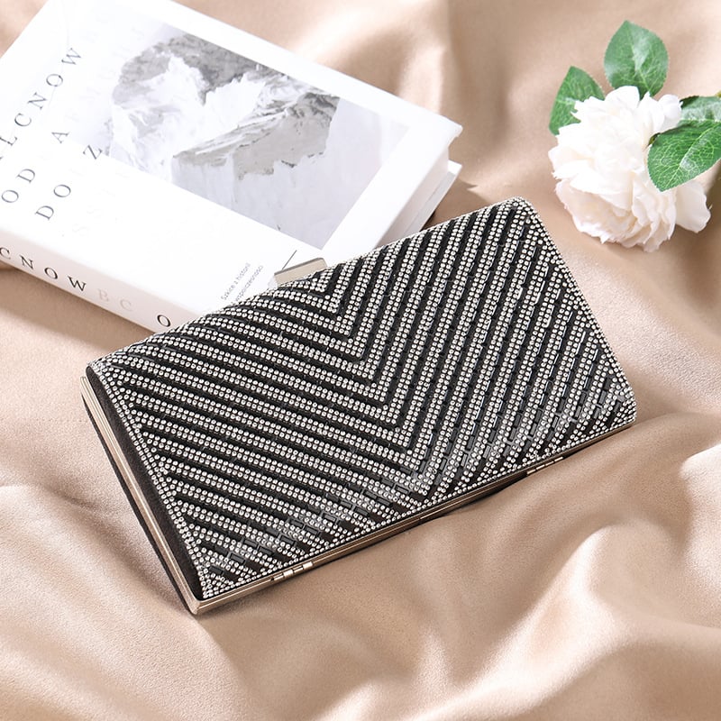 Éjszakai táska strasszokkal és twill mintával, lánccal - vízszintes négyszögletes forma, mágneses zár, poliészter, belső zseb, városi stílus