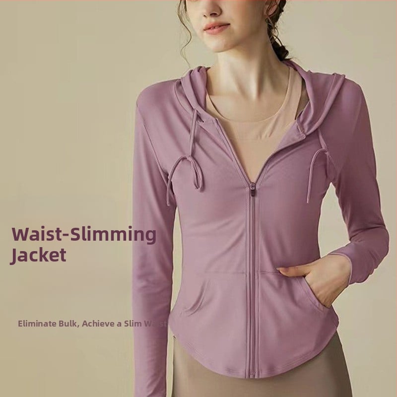 Uniszex jóga dzseki hosszú ujjú kapucnival, cipzárral, gyorsan száradó poliészter-elasztán keverék (86% poliészter, 14% elasztán), egyszínű, nyári edzésekhez