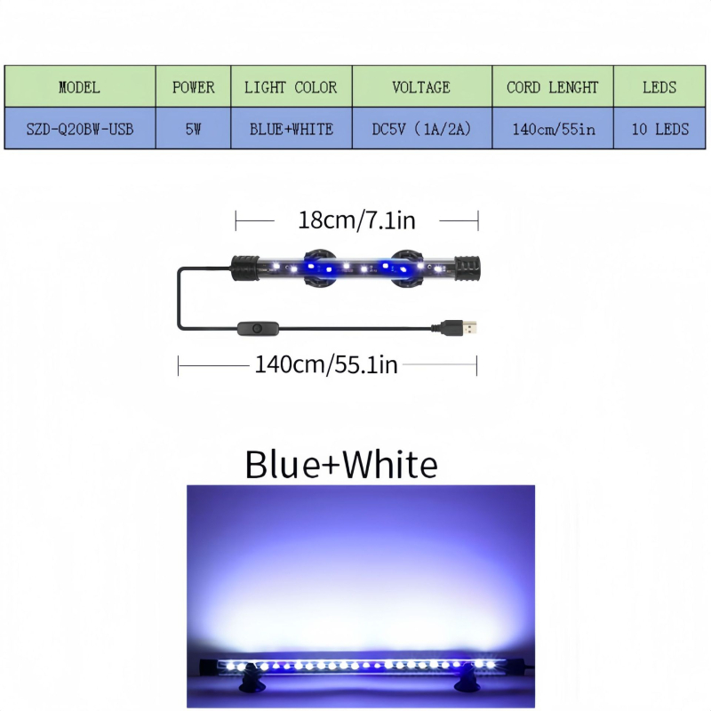 LED podvodno svjetlo za akvarij, akrilno, vodootporno, 5W, model SZD-Q