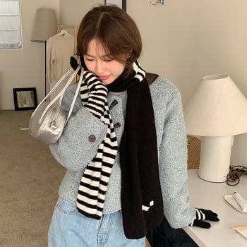 Комплект шал и ръкавици в корейски стил със райета, акрилна смес, топло плетено за зимата