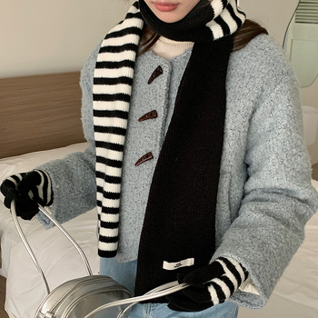 Комплект шал и ръкавици в корейски стил със райета, акрилна смес, топло плетено за зимата