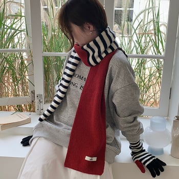 Комплект шал и ръкавици в корейски стил със райета, акрилна смес, топло плетено за зимата