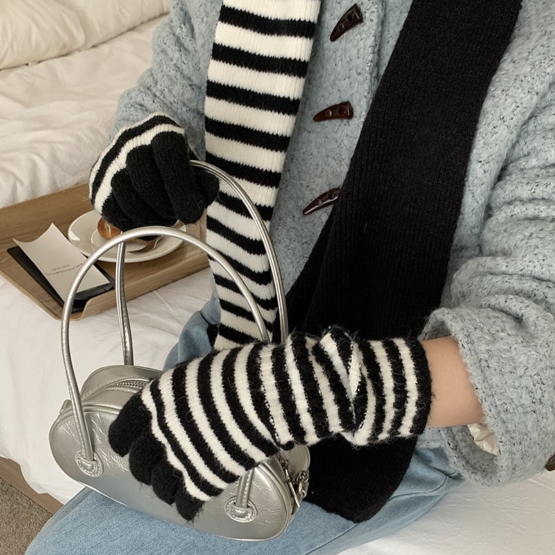 Комплект шал и ръкавици в корейски стил със райета, акрилна смес, топло плетено за зимата