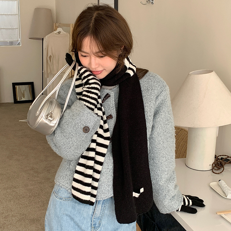 Комплект шал и ръкавици в корейски стил със райета, акрилна смес, топло плетено за зимата
