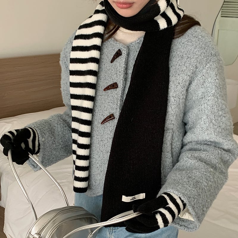 Комплект шал и ръкавици в корейски стил със райета, акрилна смес, топло плетено за зимата