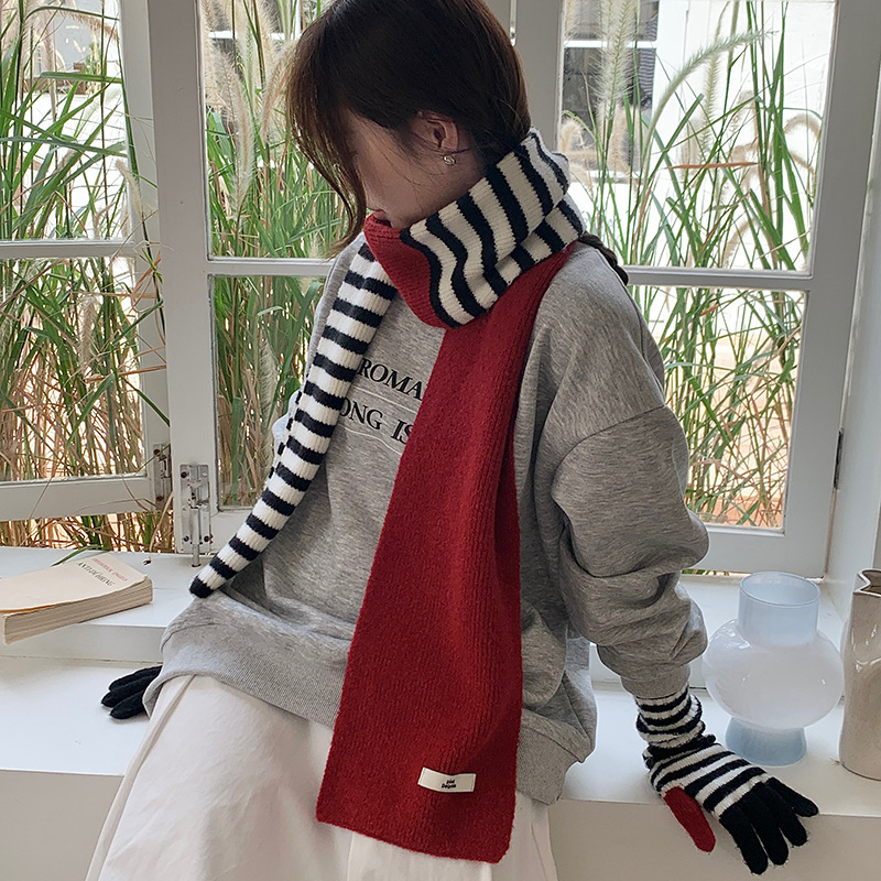 Комплект шал и ръкавици в корейски стил със райета, акрилна смес, топло плетено за зимата