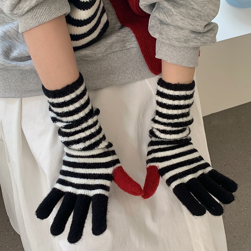 Комплект шал и ръкавици в корейски стил със райета, акрилна смес, топло плетено за зимата