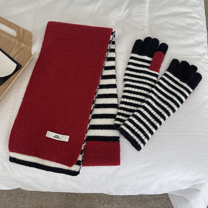 Комплект шал и ръкавици в корейски стил със райета, акрилна смес, топло плетено за зимата