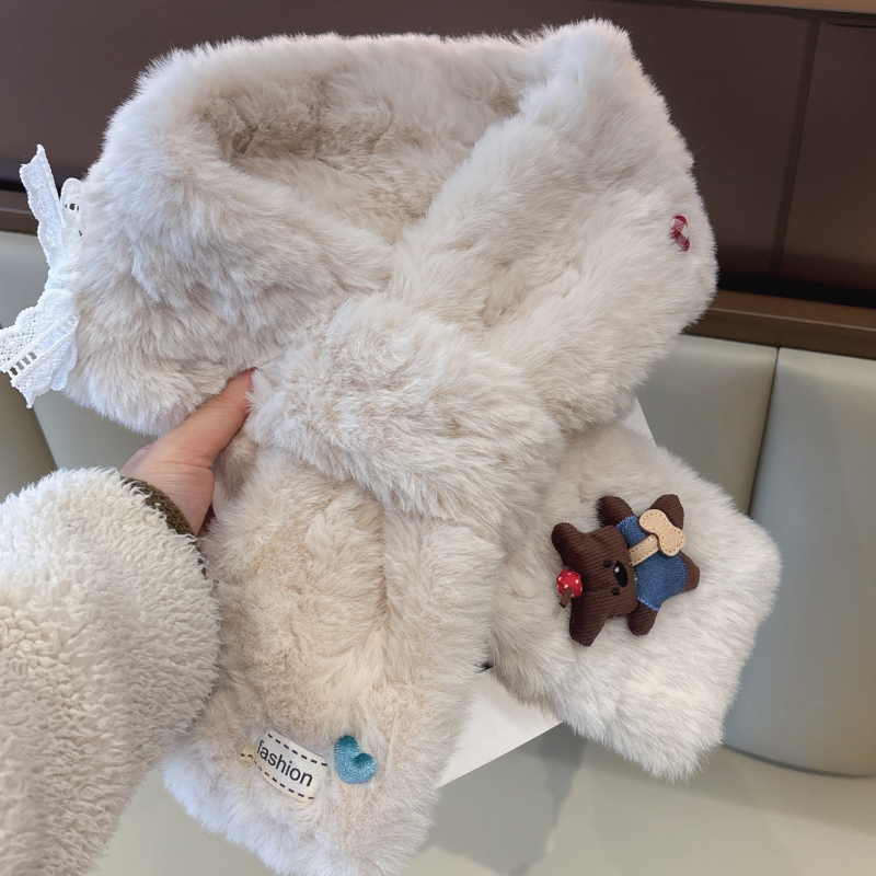Шал с плюшена мечка в корейски стил за жени — кръстосан дизайн, warp-knit тъкан, запазва топлината, зимен аксесоар, свеж и сладък стил