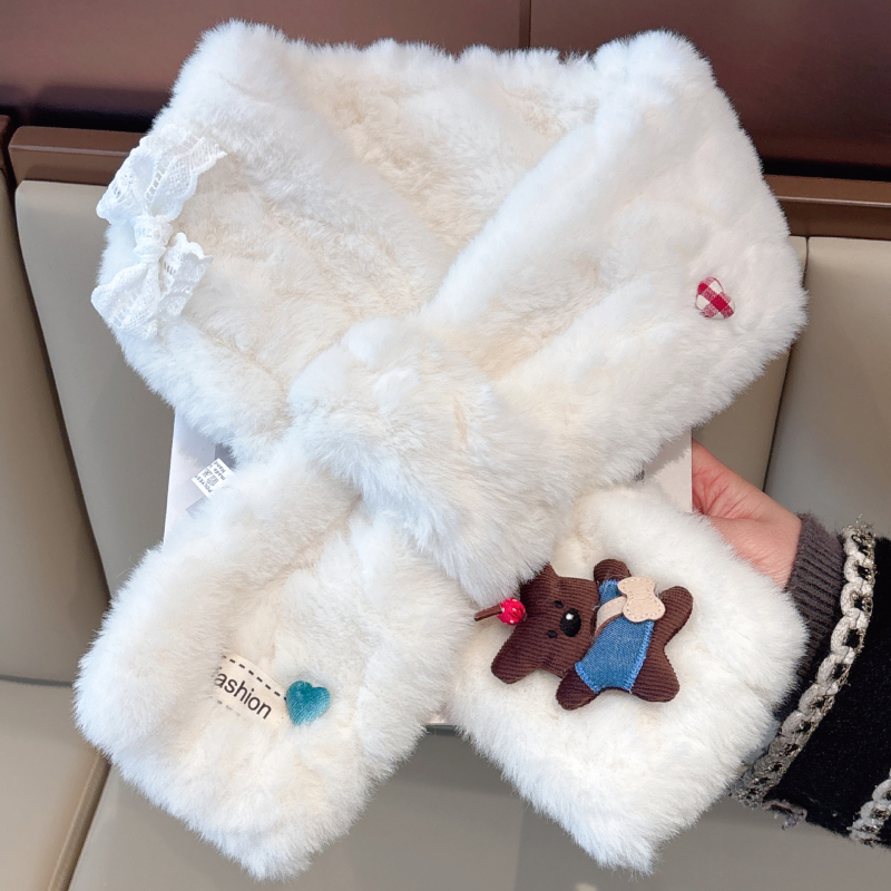 Шал с плюшена мечка в корейски стил за жени — кръстосан дизайн, warp-knit тъкан, запазва топлината, зимен аксесоар, свеж и сладък стил
