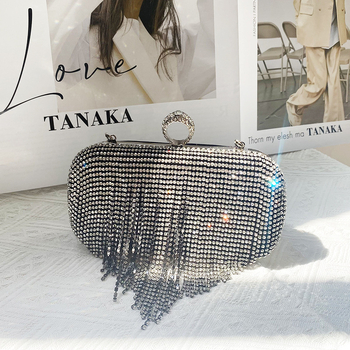 Вечерна чанта с кристали и ресни, малък квадрат, джоб за телефон