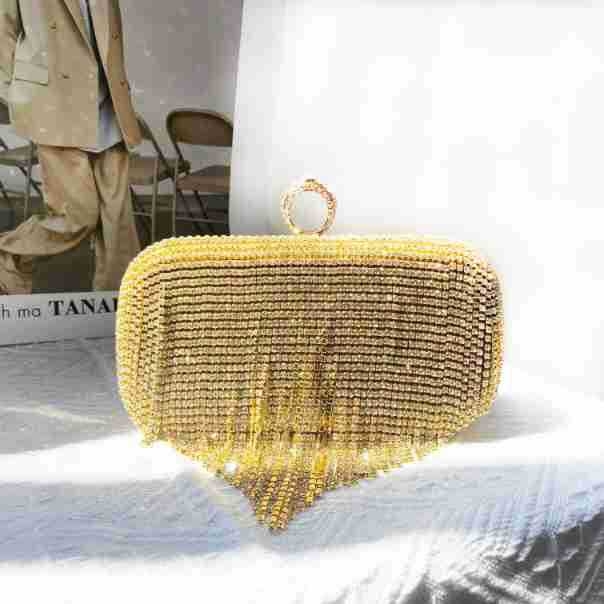 Вечерна чанта с кристали и ресни, малък квадрат, джоб за телефон