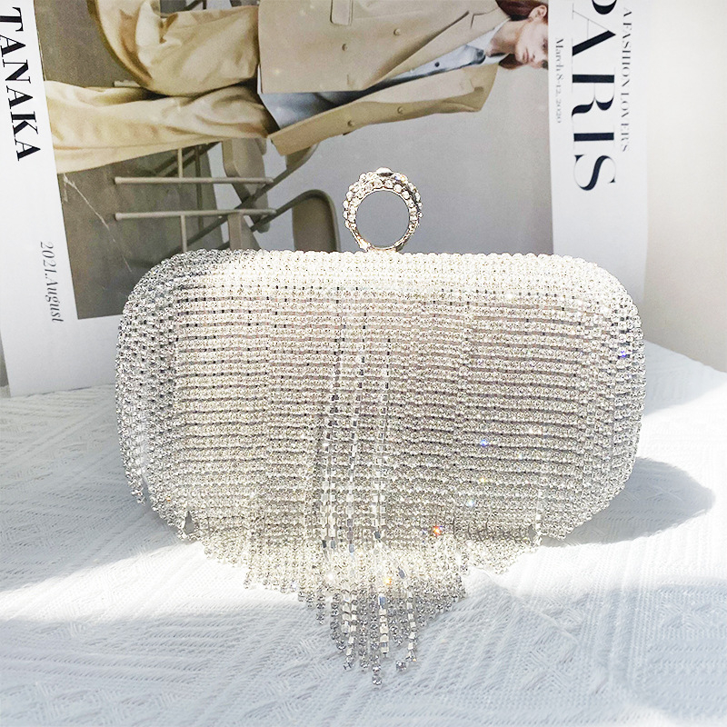 Вечерна чанта с кристали и ресни, малък квадрат, джоб за телефон