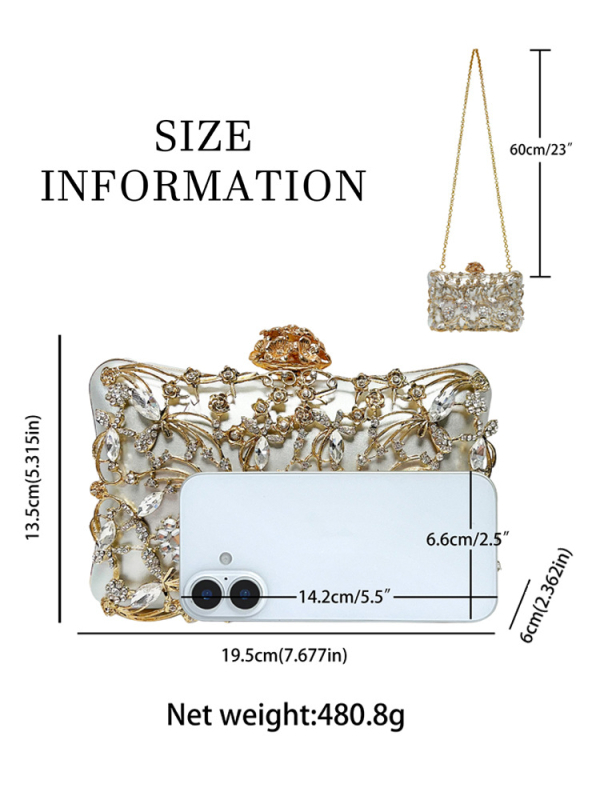 PU-anyagú gyémántdíszes estélyi táska, négyszögletes alakú clutch, záródás és belső telefontartó zseb